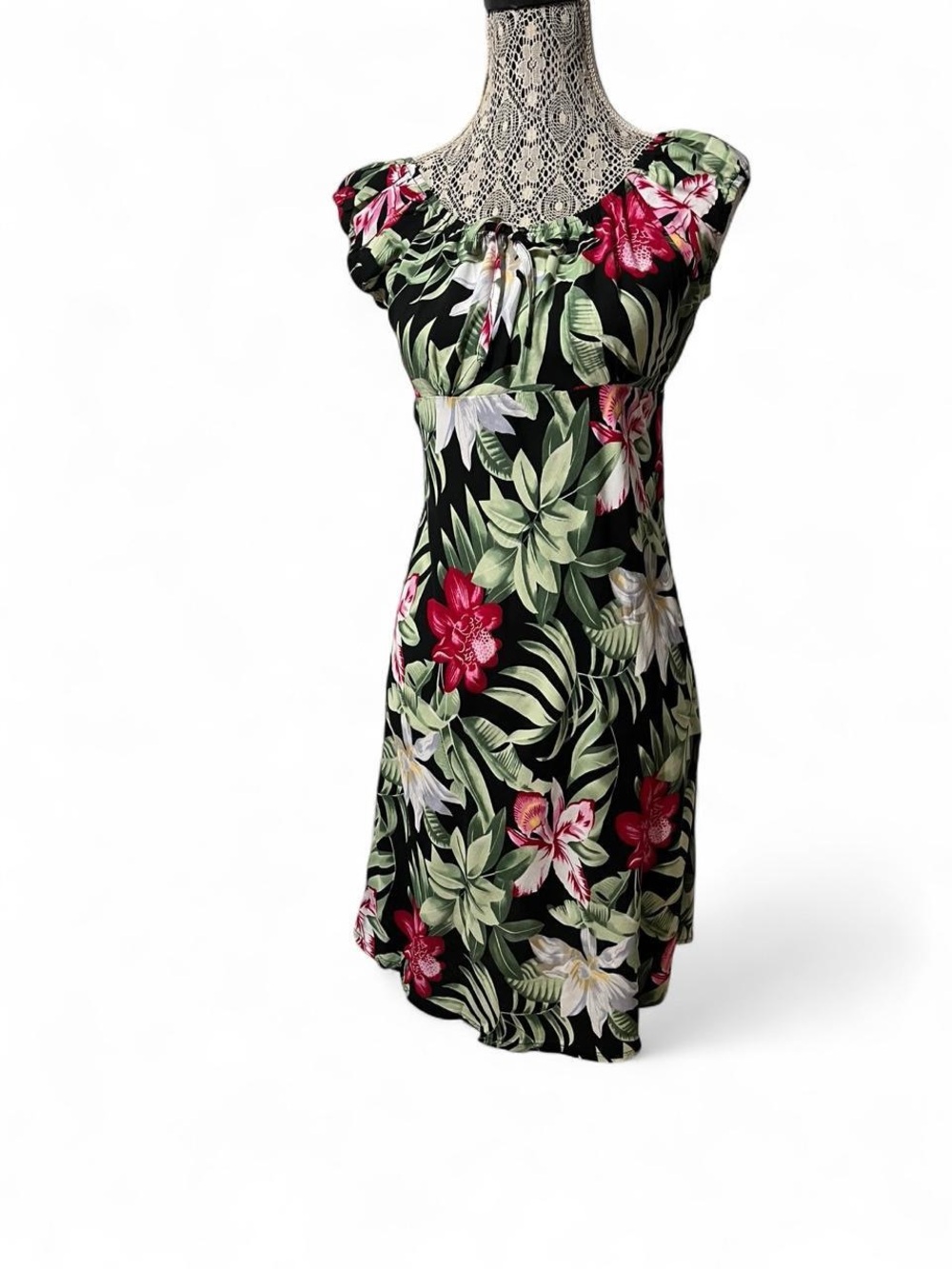 Black Tropical Floral Midi Dress with Green Leaves and Pink Blooms